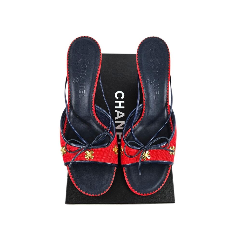 Vintage Chanel Lucky Clover Kitten Heels Canvas Peep Toe Mules -  IT 39 (US 8)